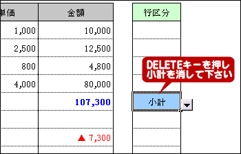 小計の解除