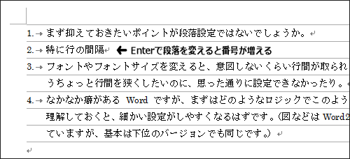 改段落時の箇条書きや段落番号